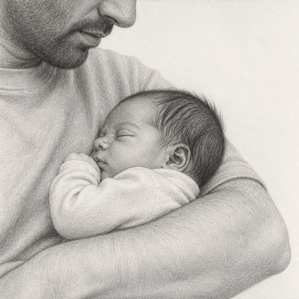 Grafiettekening van een pasgeboren kind in de arm van een ouder