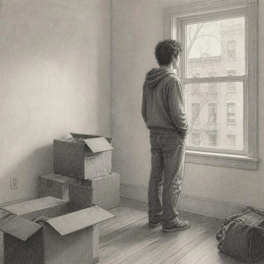 Grafiettekening van een bijna lege kamer met verhuisdozen bij het raam