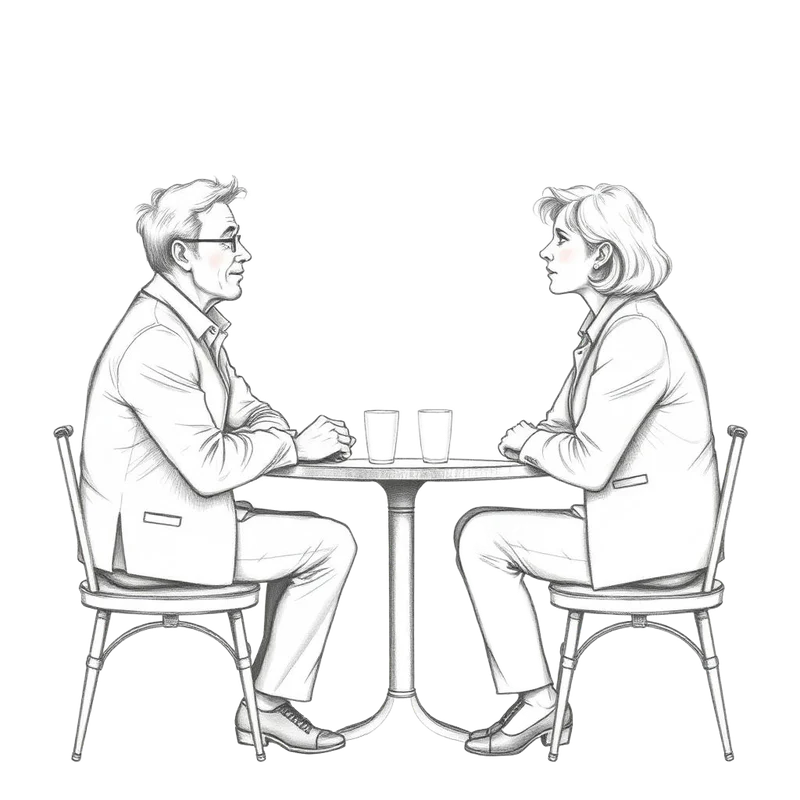 Grafiettekening van twee mensen in gesprek aan een cafétafel voor een belangrijk besluit