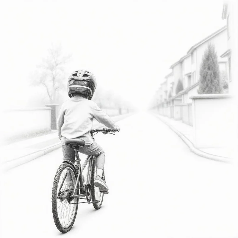 Grafiettekening van een kind dat op de fiets wegrijdt door een woonstraat