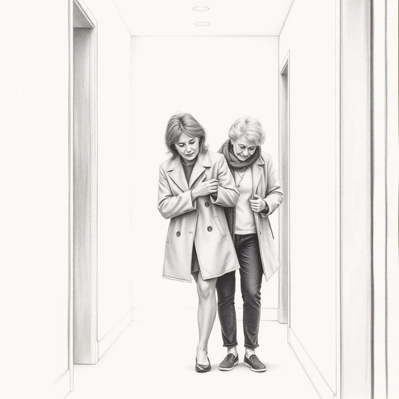 Grafiettekening van een vrouw die haar oude moeder helpt met haar jas