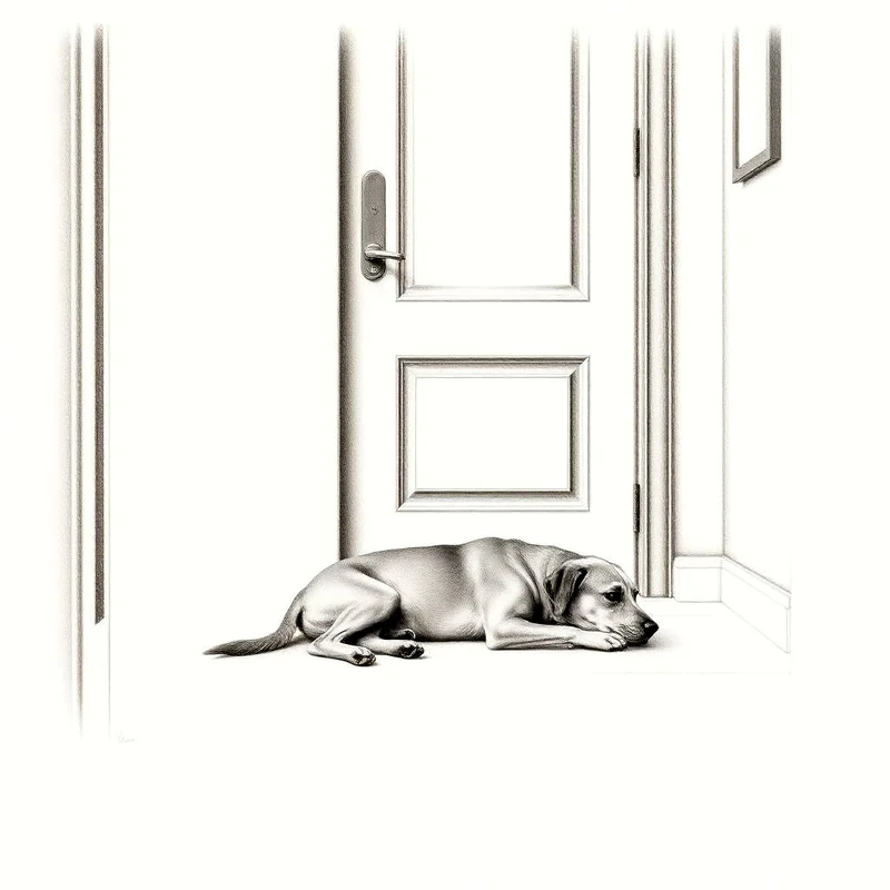 Grafiettekening van een hond die bij de voordeur ligt te wachten