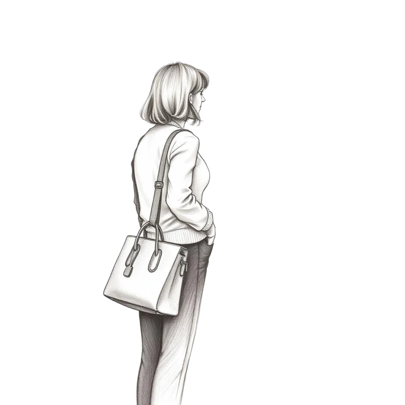 Grafiettekening van een vrouw die met haar tas in een leeg nieuw kantoor staat