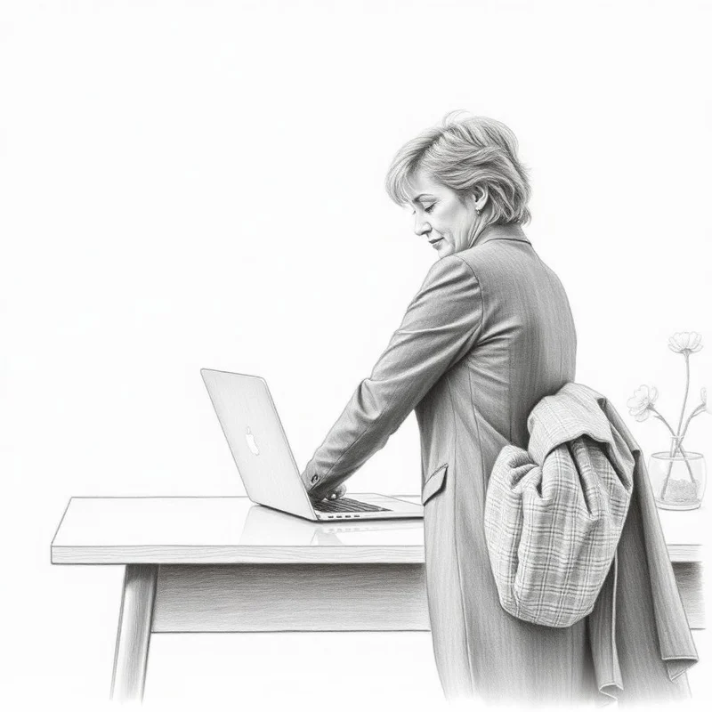 Grafiettekening van een vrouw die haar laptop dichtdoet met haar jas al over haar arm