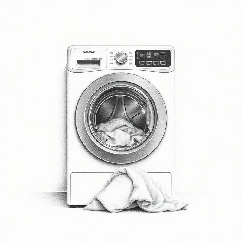 Grafiettekening van een wasmachine met een kleine stapel was ervoor
