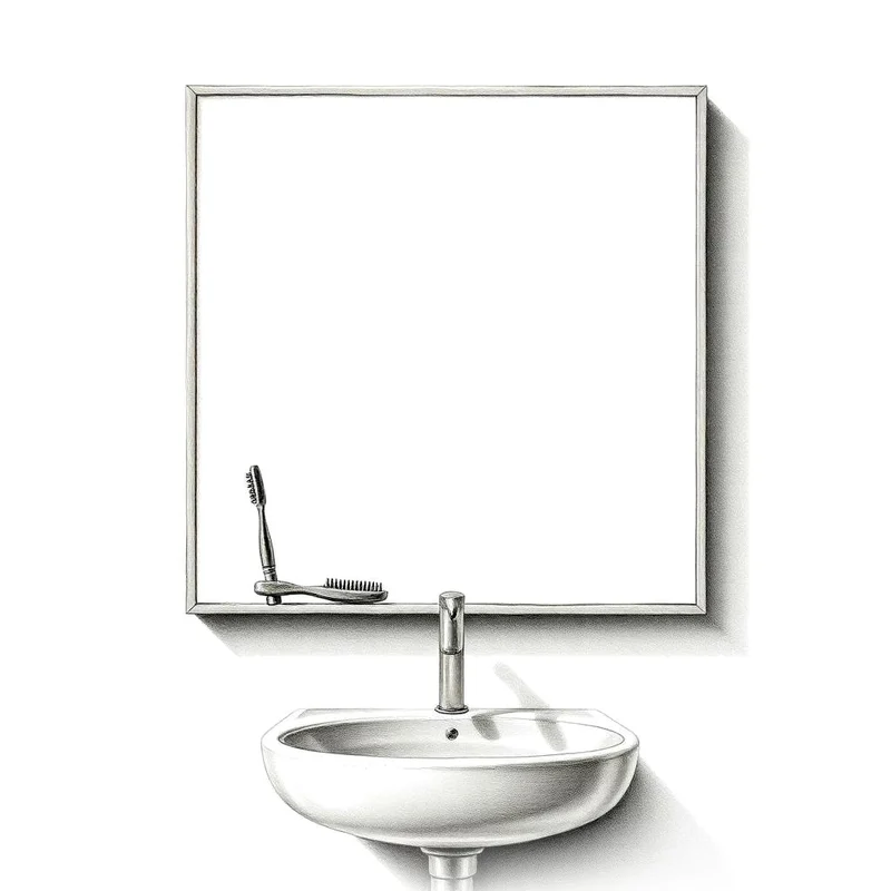 Grafiettekening van een badkamerspiegel boven een wastafel in de ochtend