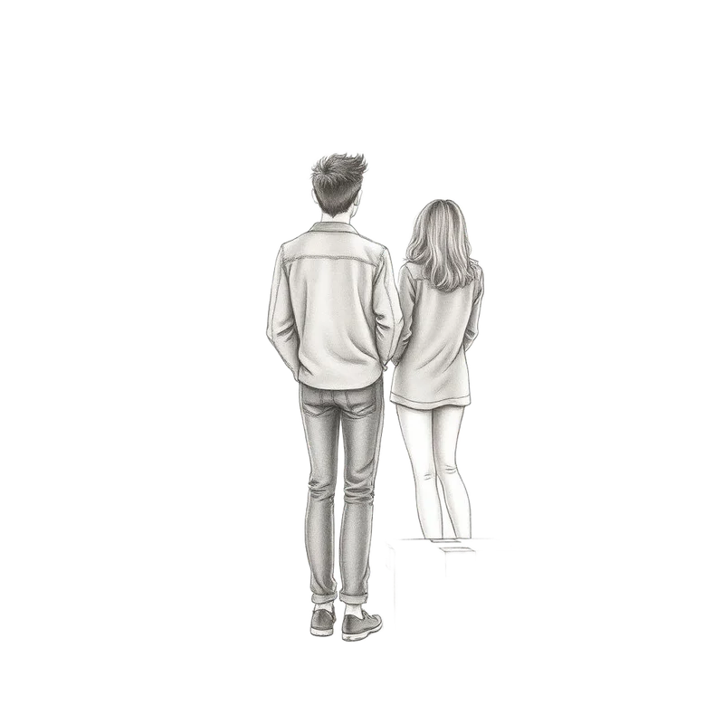 Grafiettekening van twee mensen in een leeg appartement met verhuisdozen aan hun voeten
