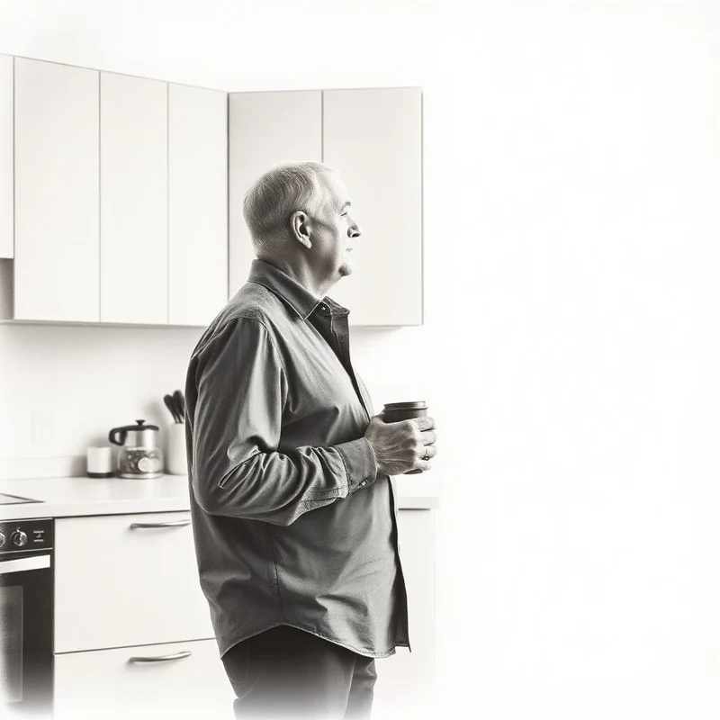 Grafiettekening van een man met koffie in een lege keuken in de ochtend