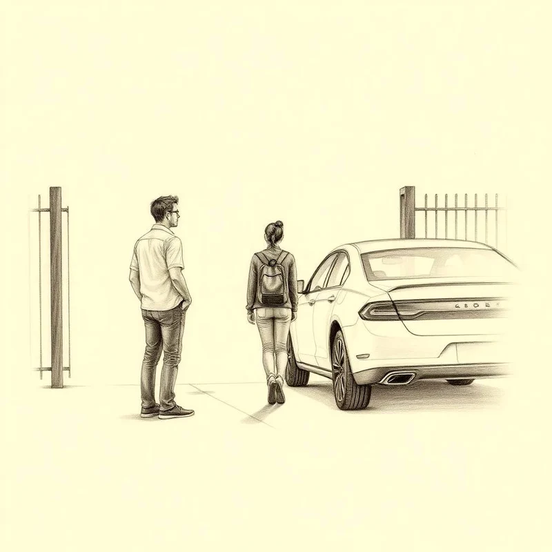 Grafiettekening van een ouder bij de auto terwijl een tiener het schoolplein op loopt