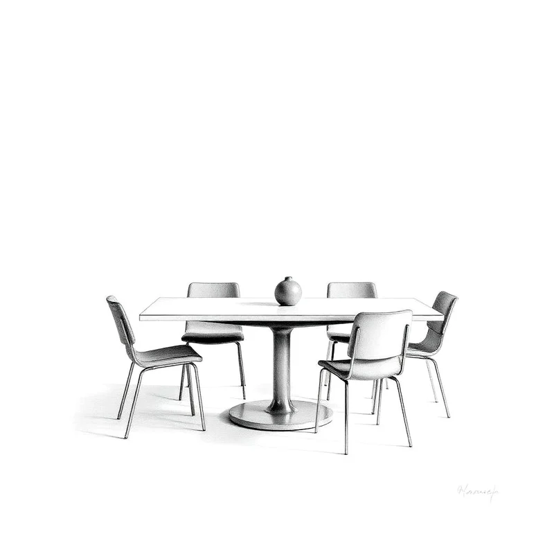Grafiettekening van een eettafel met zes stoelen, gedekt voor drie