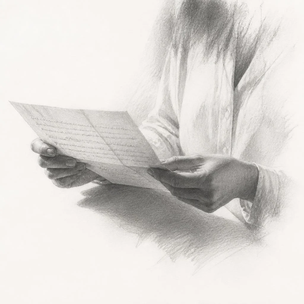 Grafiettekening van een vrouw die bij het raam een handgeschreven brief leest