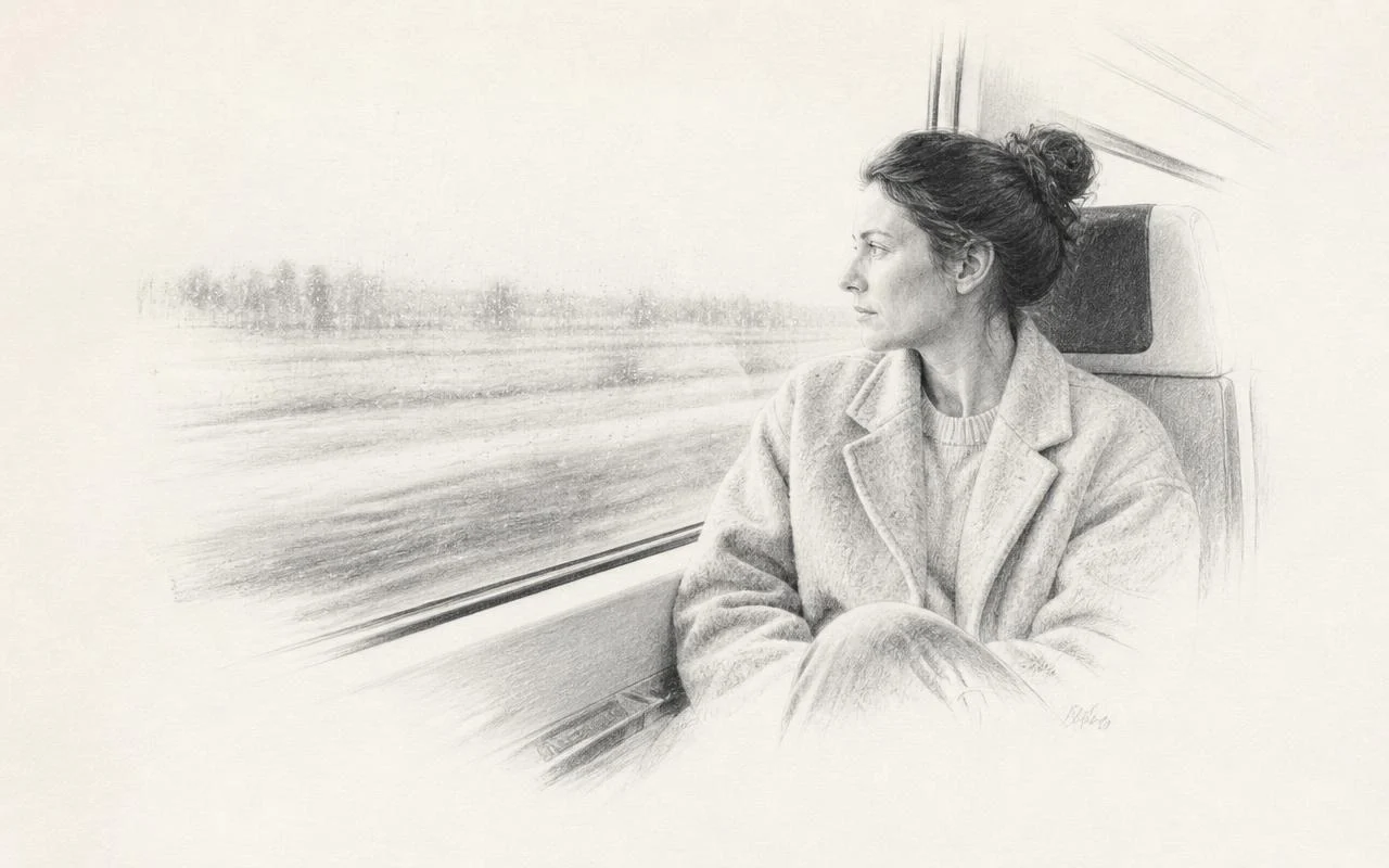 Grafiettekening van iemand die vanuit de trein naar de regen op het raam kijkt