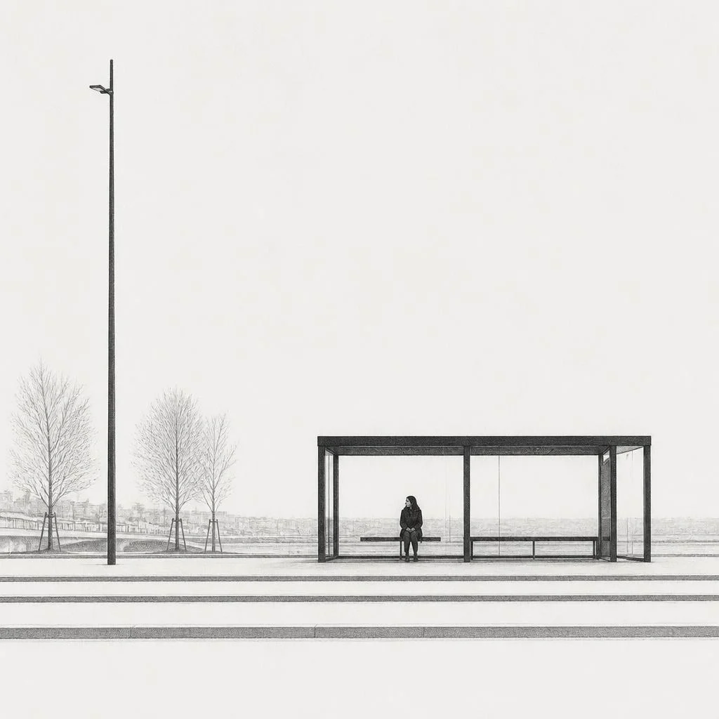 Grafiettekening van iemand die bij een tramhalte staat na te kijken