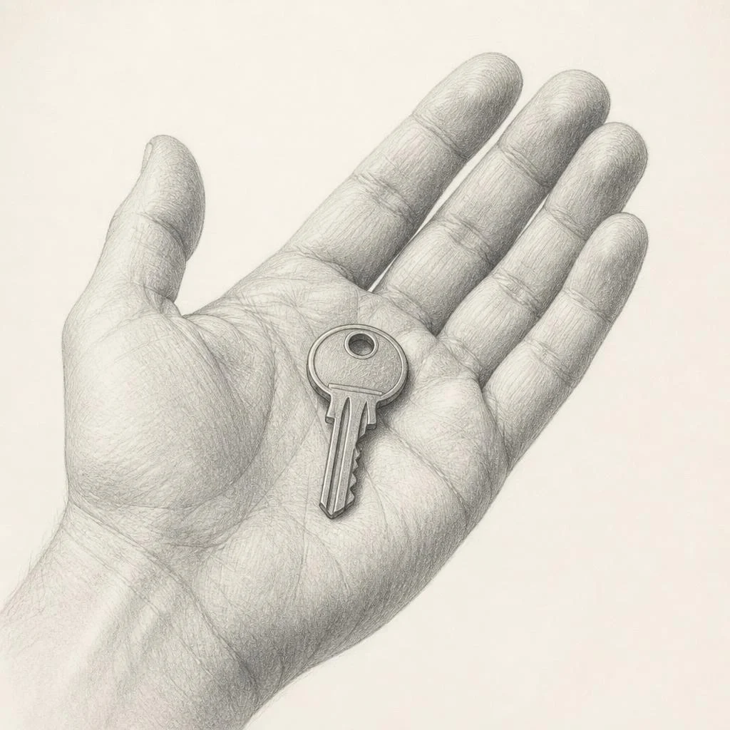Grafiettekening van een huissleutel in een open handpalm