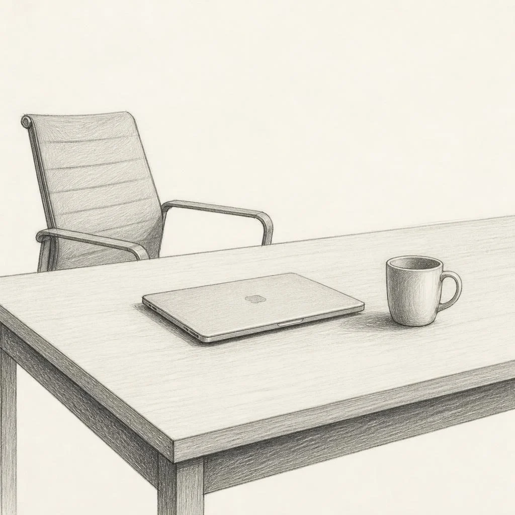 Grafiettekening van een leeg bureau met een dichtgeklapte laptop