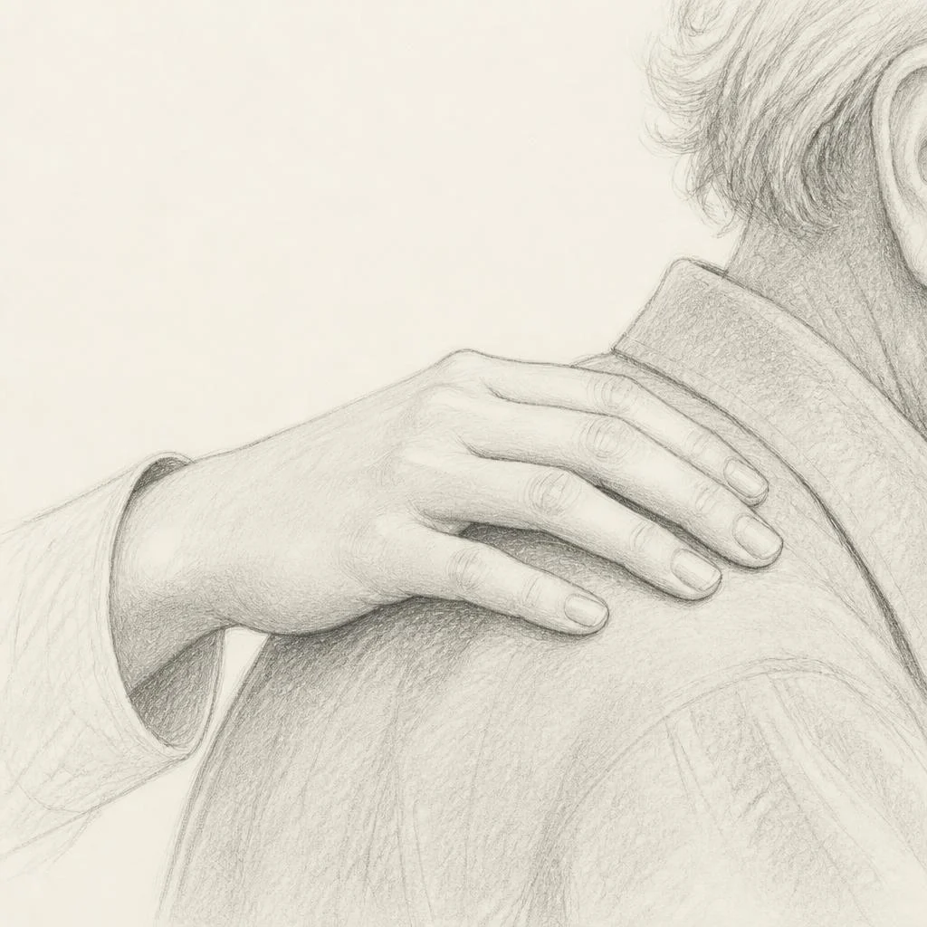 Grafiettekening van een hand op de schouder van een oudere man